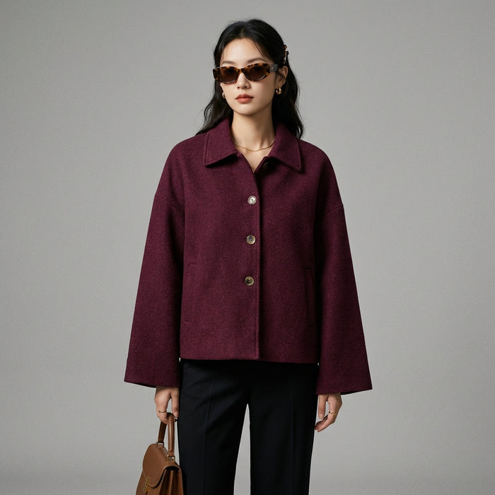 Veste courte en laine beige pour femme, col chemise, style minimaliste K-fashion. Idéale pour l'automne-hiver. - Taille XS