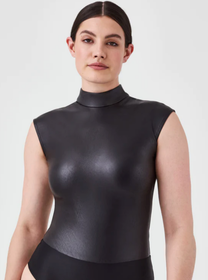 Spanx Leather Like Mock Neck Bodysuit