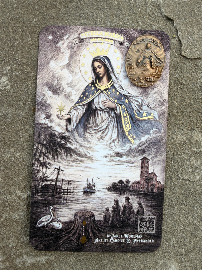 Stella Maris, Star of the Sea Hurricane Prayer Card with Medal or Pendant or Anchor Cross