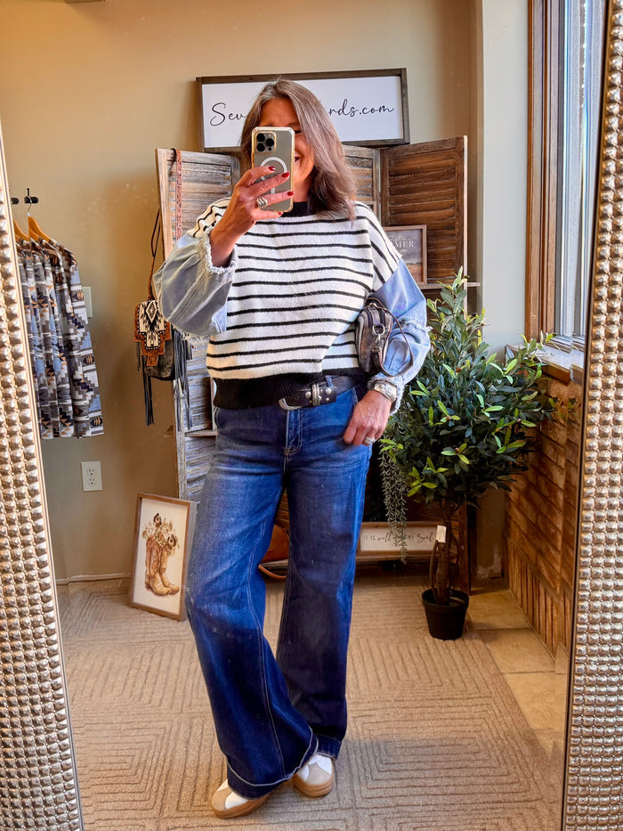 Striped denim sleeve sweater with crew neckline, cream and navy horizontal stripes