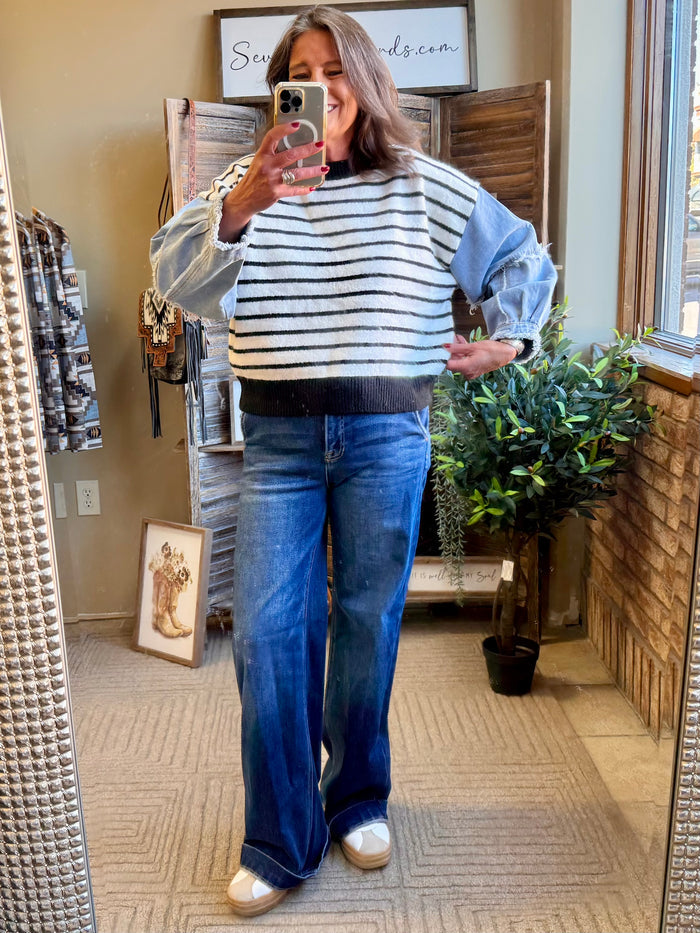 Striped denim sleeve sweater, cream knit with navy stripes and denim blue sleeves