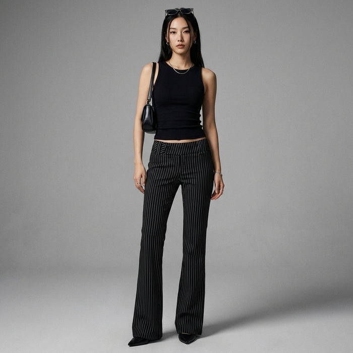 Pantalon rayé taille basse noir - Mode Coréenne Streetwear - Taille S