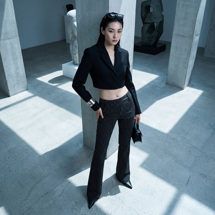 Pantalon rayé taille basse noir - Mode Coréenne Streetwear