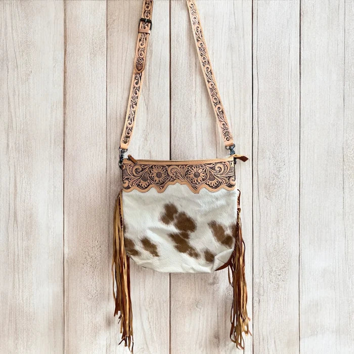 Tan Tooled Leather & Cowhide Fringe Crossbody Bag