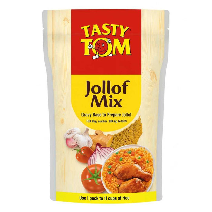 Tasty Tom Jollof Mix in a convenient can, made with a flavorful blend of tomatoes, herbs, and spices to deliver authentic West African taste, perfect for preparing rich and delicious Jollof rice, stews, sauces, and a variety of traditional family meals with ease.