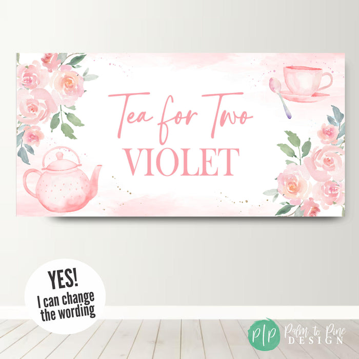 second birthday "tea for two" personalized banner for girls with pink watercolor teapot and cup with roses
