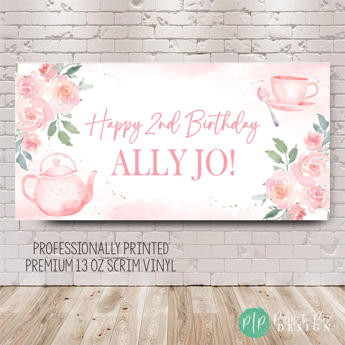 Tea Party birthday banner for girls personalized with a name and happy birthday writing