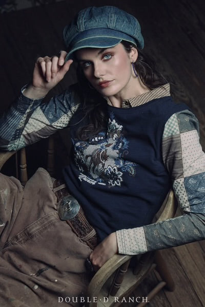 Navy long-sleeve T-shirt with large floral snowball front graphic, crew neck