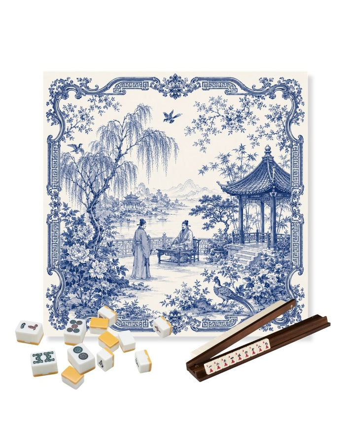 Square mahjong table mat with blue-and-white garden scene and ornate floral border