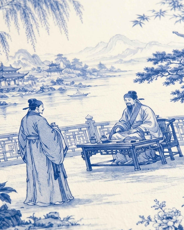 Blue-and-white garden illustration on square mahjong table mat, close-up border