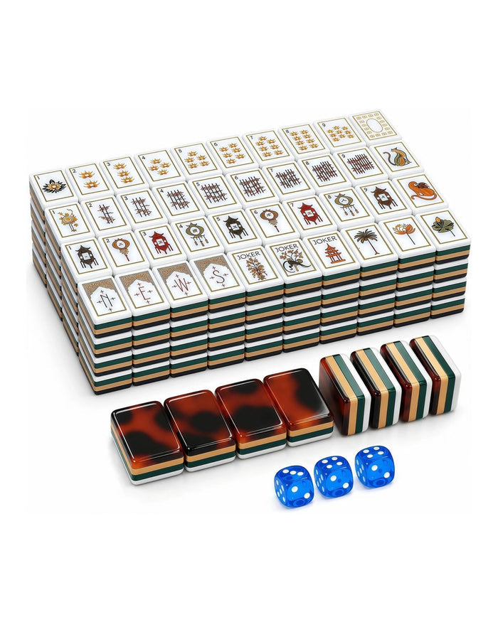 Mahjong tile rack box with stacked tiles, plus tortoise-shell tiles and blue dice