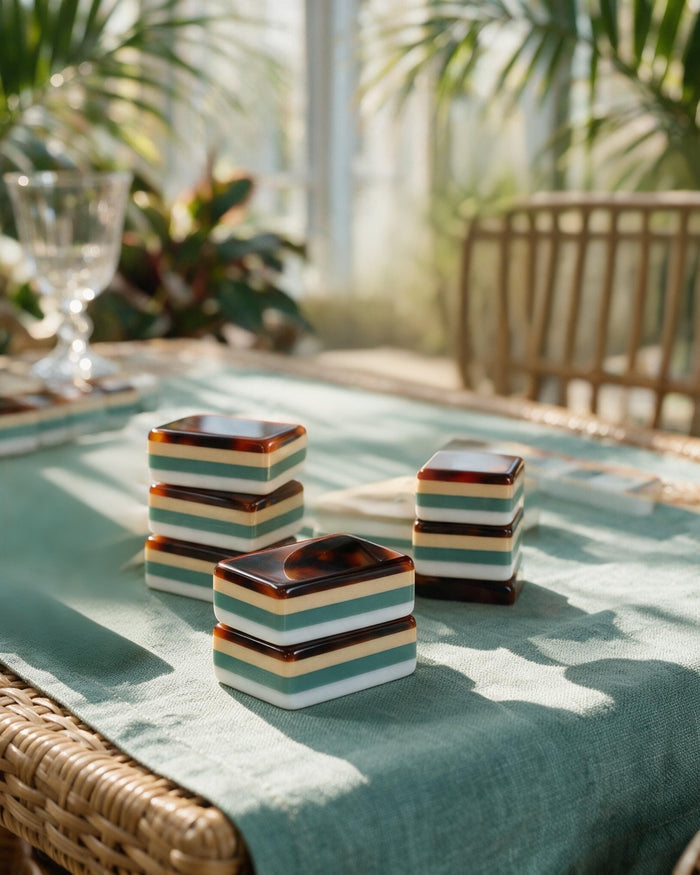 Stacked tortoise-shell and ivory mahjong tiles on a table with striped edges
