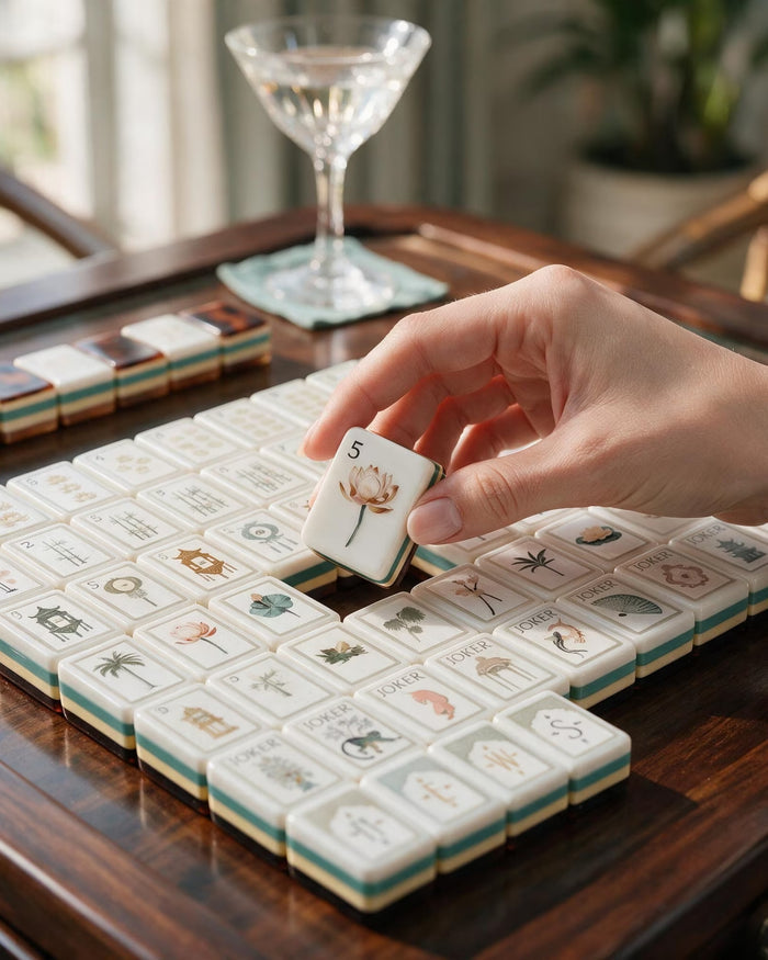 Hand placing a tortoise-shell and ivory mahjong tile onto an ivory board