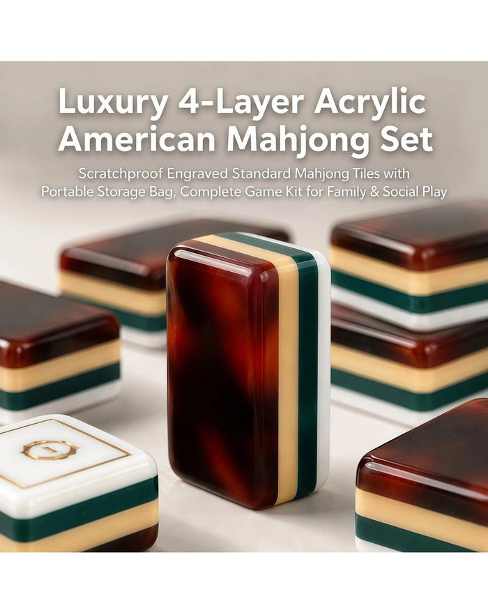 Four-layer acrylic mahjong tiles in tortoise-shell and ivory, stacked close-up