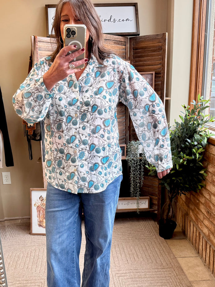 Turquoise patterned long-sleeve blouse with button-front and collared neckline