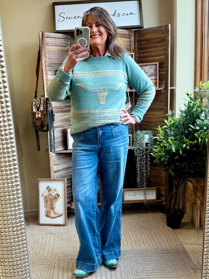 Turquoise longhorn crewneck sweater with striped knit bands and long sleeves