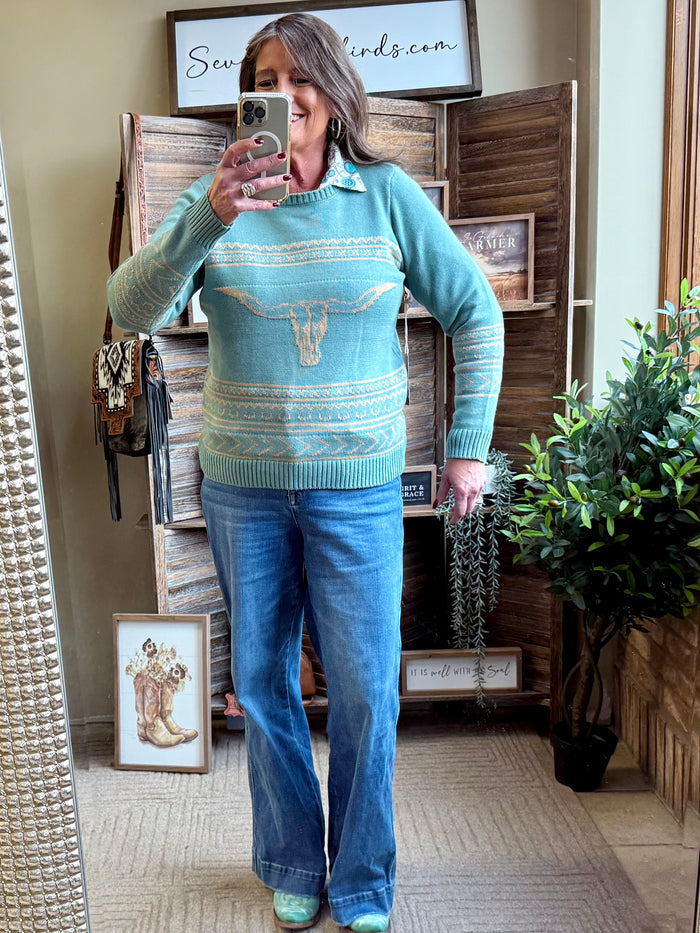 Turquoise longhorn crewneck sweater with patterned yoke and crew neckline