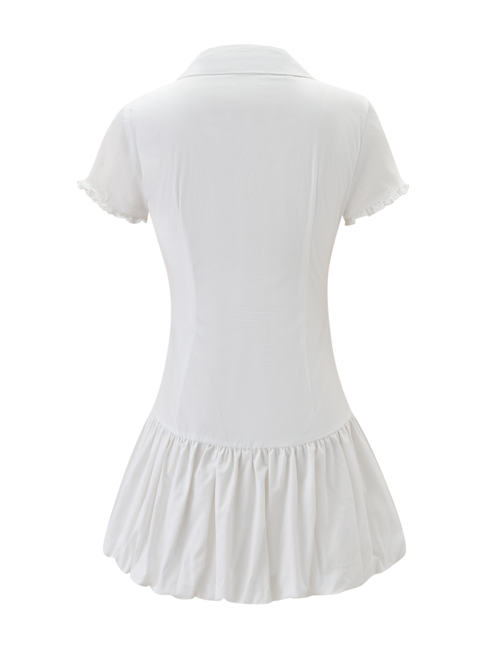 Back view of the VALERIE BUBBLE DRESS - WHITE by TIGERMIST, featuring a white cotton mini design with short sleeves, collar, and flared bubble skirt, shown on a plain white background.