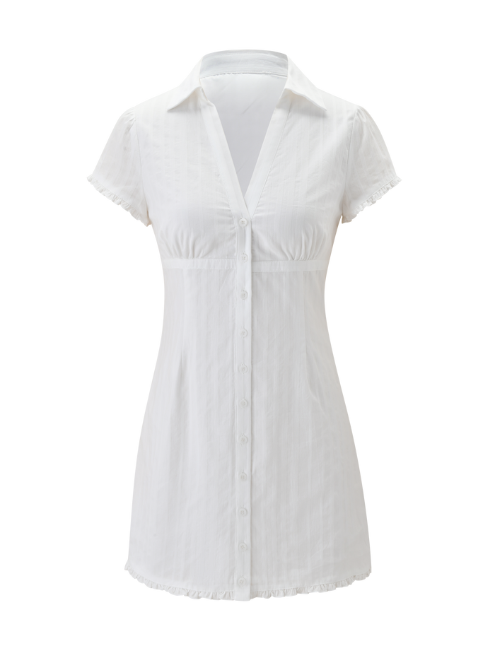 The VALERIE MINI DRESS - WHITE by TIGERMIST is a white cotton mini dress with a V-neckline, fitted waist, short frill sleeves, collar, and delicate ruffle details on the sleeves and hem for added charm.