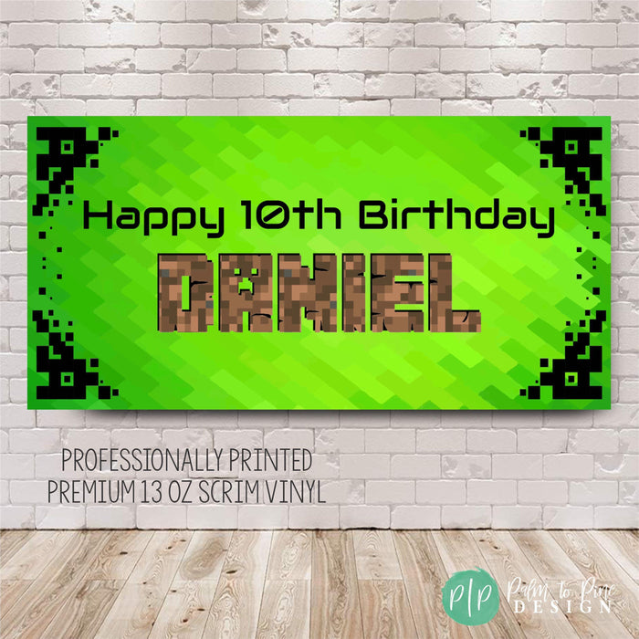 kids gaming block birthday party with pixel-style lettering and vibrant colors