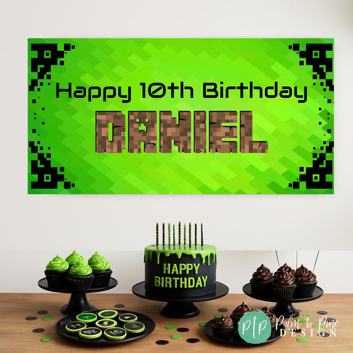 Gamer Birthday Banner in green and black in front of green and black birthday desserts