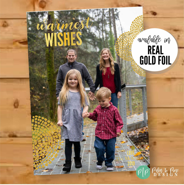 'Warmest Wishes' gold foil family photo Christmas card