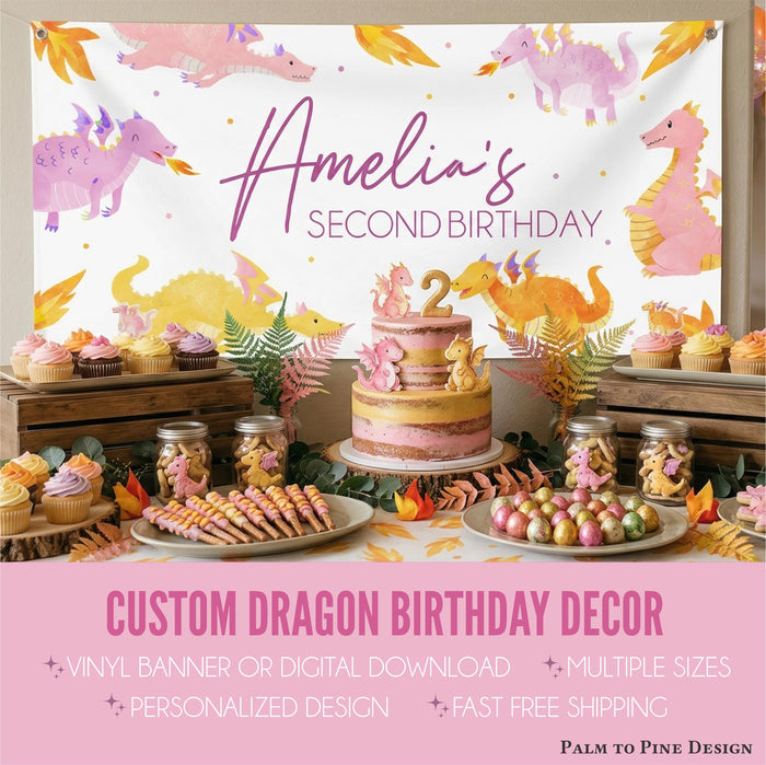 Pink friendly dragon birthday party setting with personalized banner and description of banner details  below