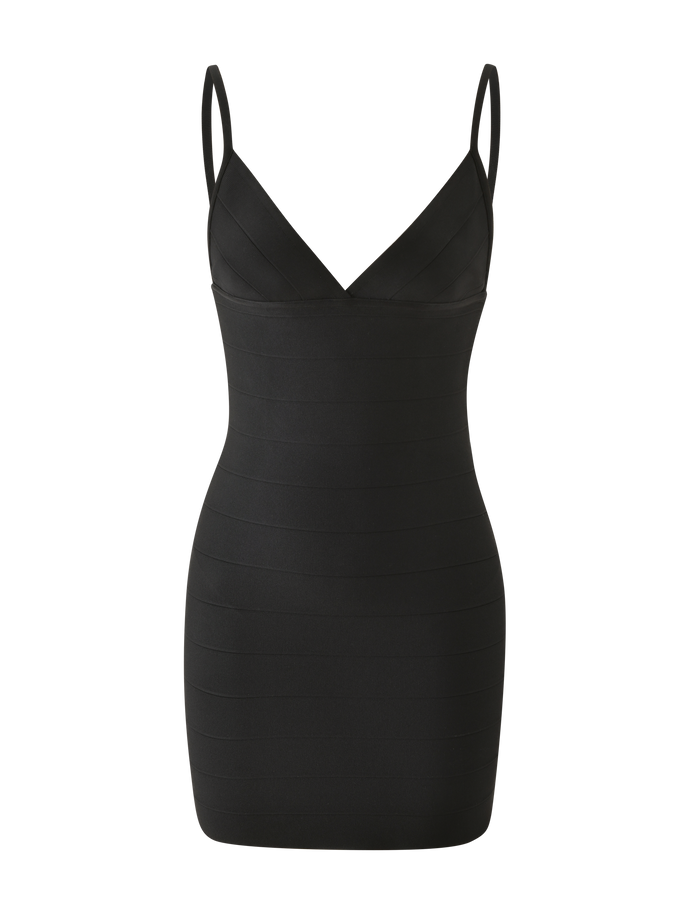 The TIGERMIST WEN BANDAGE MINI DRESS - BLACK is a sleeveless bodycon mini dress with thin adjustable straps, a V-neckline, and horizontal banded detailing, shown on a plain white background.