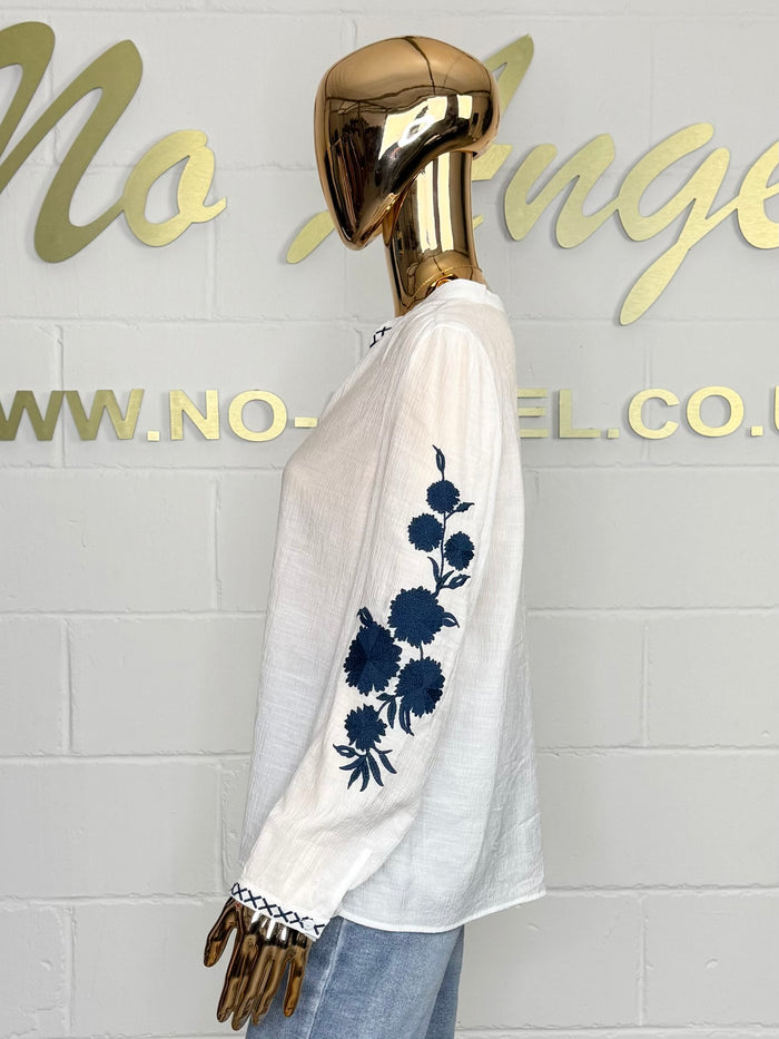 White Cheesecloth Shirt With Navy Embroidery Detail Sleeves