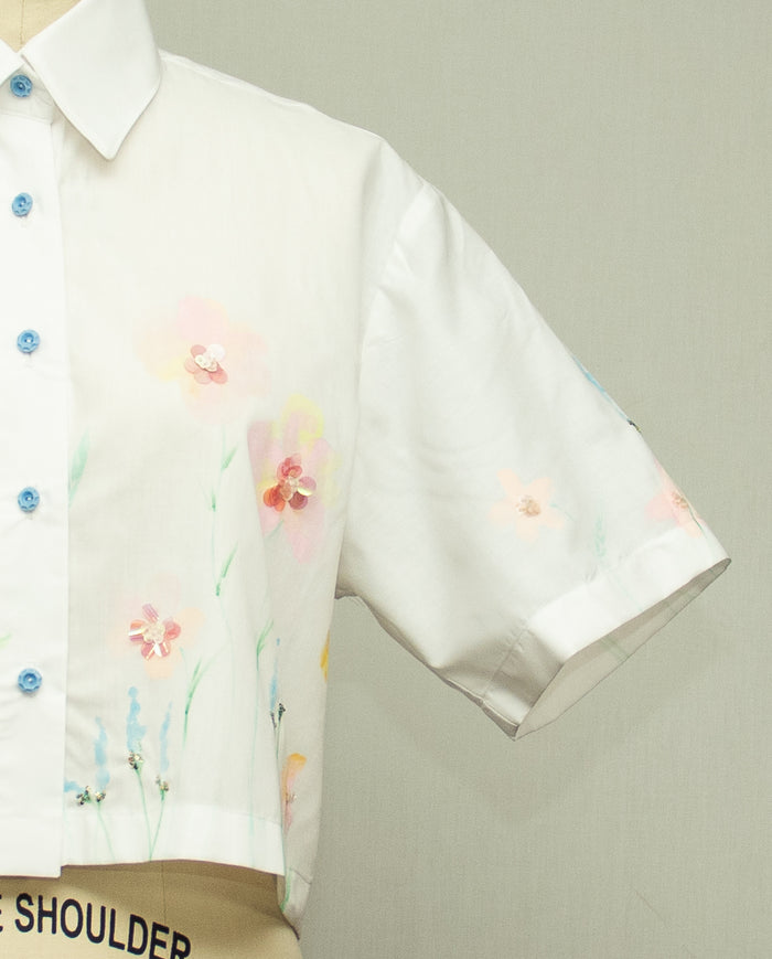 White Cotton Crop Shirt with Sequined Embellishement