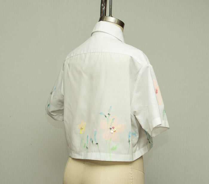 White Cotton Crop Shirt with Sequined Embellishement
