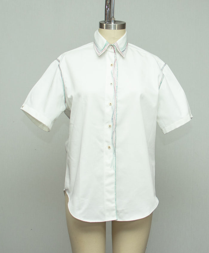 White Cotton Shirt with White Collar, with Red Black and Green Stitching