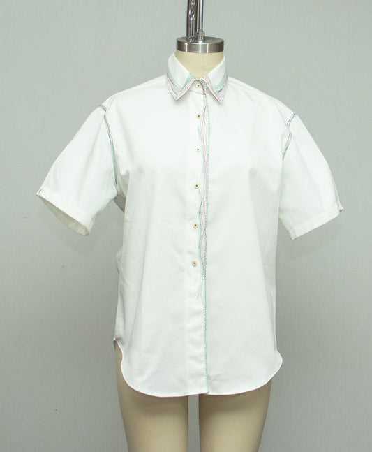 White Cotton Shirt with White Collar, with Red Black and Green Stitching