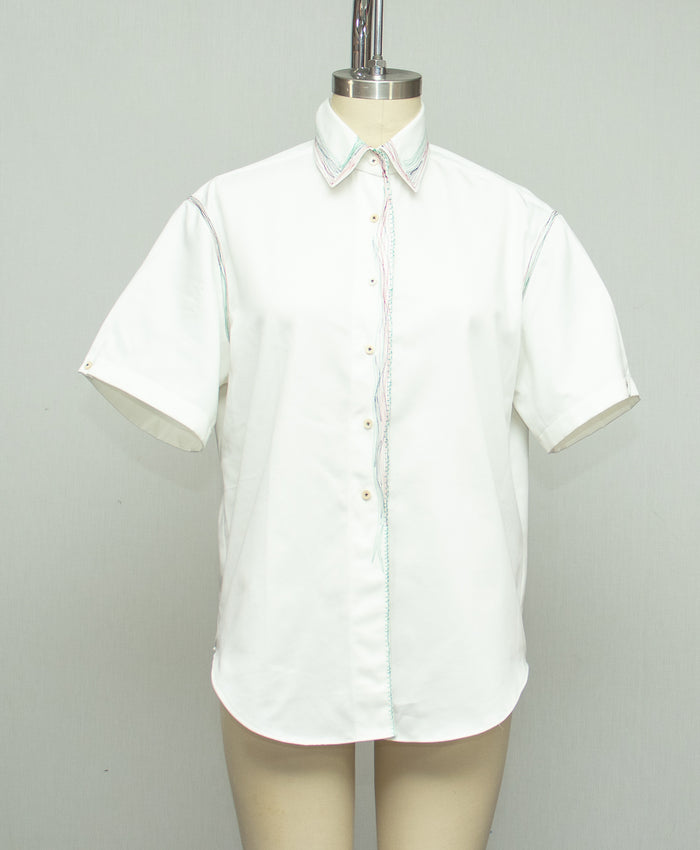 White Cotton Shirt with White Collar, with Red Black and Green Stitching