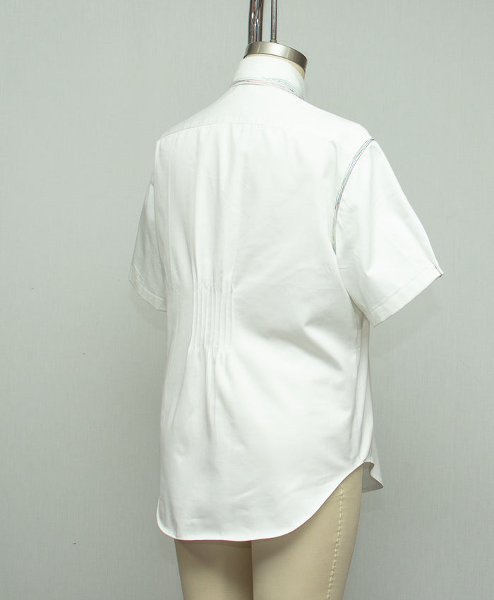 White Cotton Shirt with White Collar, with Red Black and Green Stitching