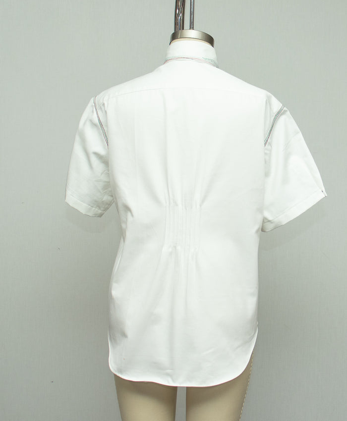 White Cotton Shirt with White Collar, with Red Black and Green Stitching