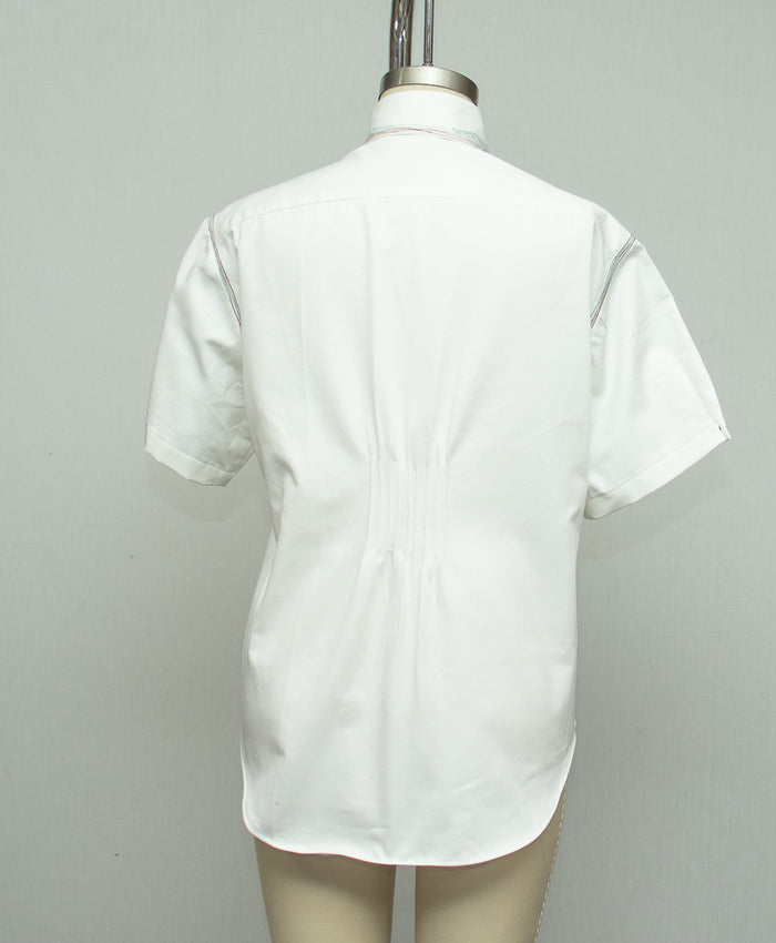 White Cotton Shirt with White Collar, with Red Black and Green Stitching