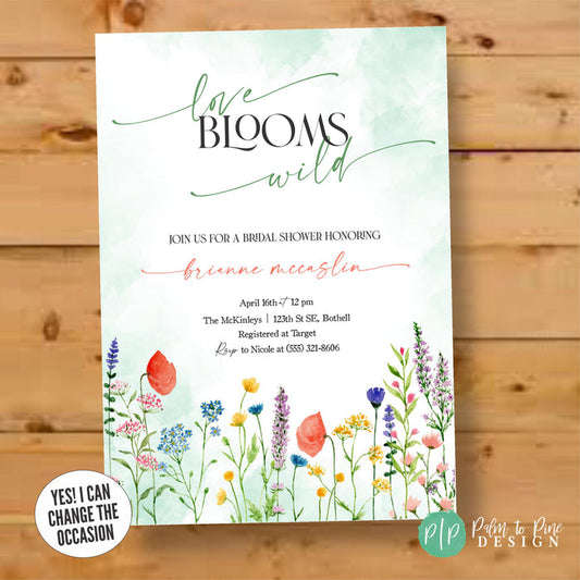 floral bridal shower invite with wildflowers in modern and minimalist style that reads love blooms wild