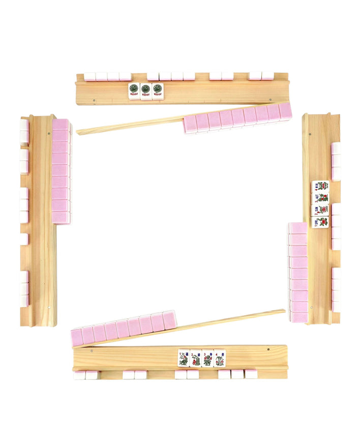 Wooden mahjong tile rack set of 4 forming an open frame with pink tile rests