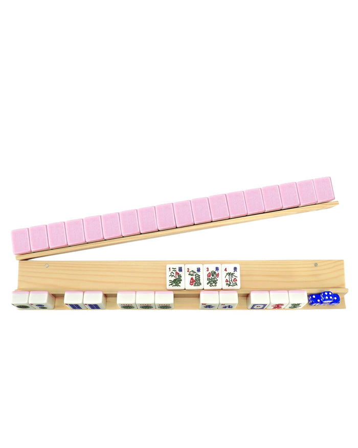 Wooden mahjong tile rack set with pink tile rests and sliding pushers (set of 4)