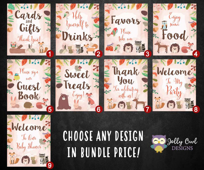 Woodland Themed Baby Shower / Birthday Party Signs - Bundle Set