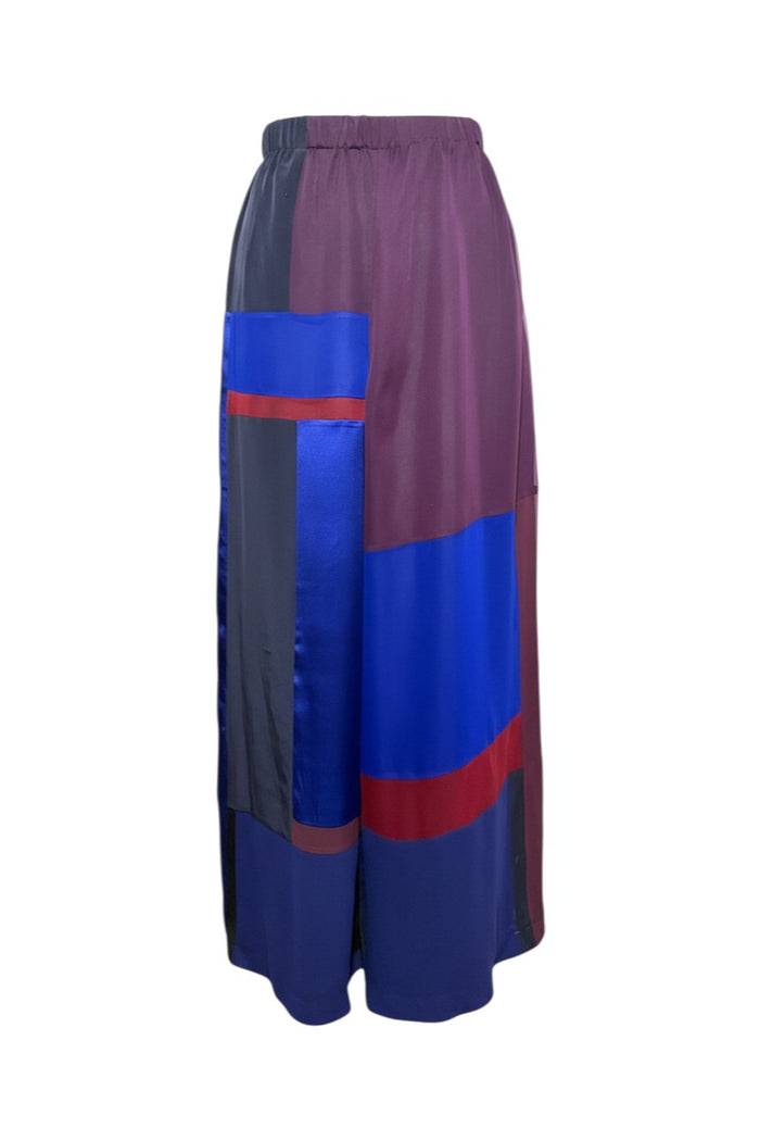 XL Blue Silk Chiffon and Silk Charmeuse Patchwork Palazzo Pant
