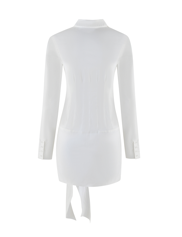 The ZADIE SHIRT DRESS by TIGERMIST is a long-sleeved, white cotton poplin mini dress shown from the back, featuring a collar, fitted waist with vertical seams, and two fabric ties hanging from the hem.