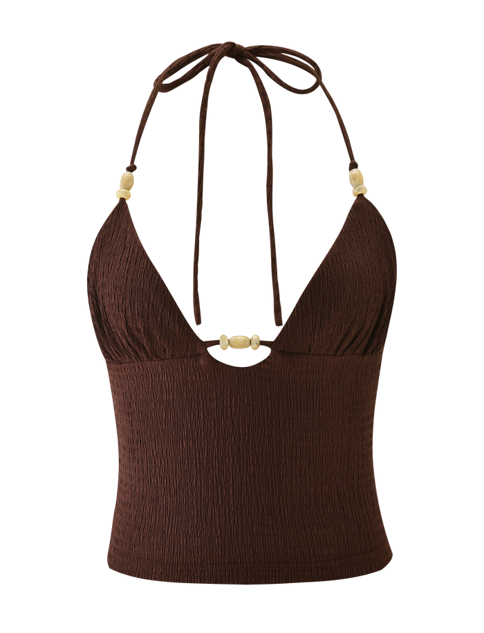 The ZINNIA TOP - CHOCOLATE by TIGERMIST is a chocolate brown textured knit halter cami with a deep V-neck, tie neck straps, and beige bead accents at the center and on the straps.